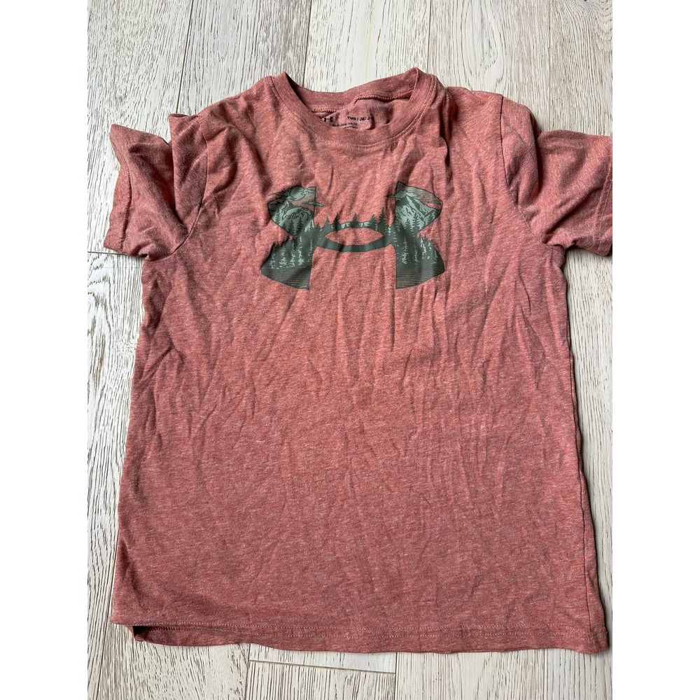 Under Armour Boys Medium YMD Rust Orange Mountain Forest Graphic Logo Tee Shirt